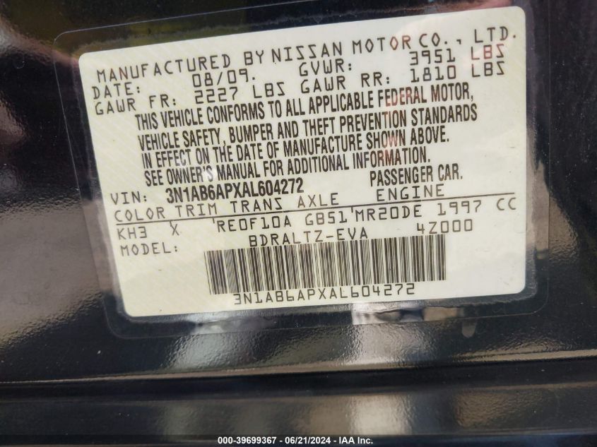 2010 Nissan Sentra 2.0S VIN: 3N1AB6APXAL604272 Lot: 39699367