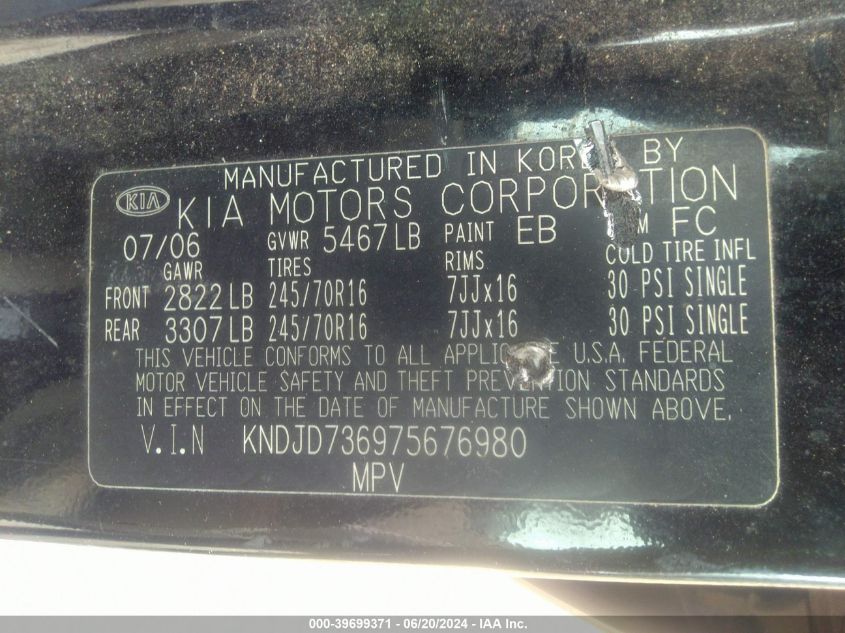 2007 Kia Sorento Lx VIN: KNDJD736975676980 Lot: 39699371
