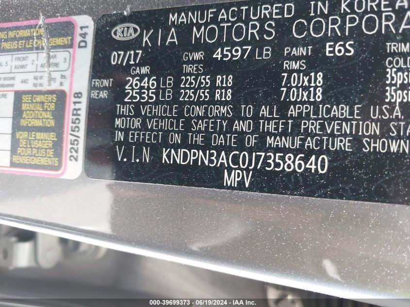 2018 Kia Sportage Ex VIN: KNDPN3AC0J7358640 Lot: 39699373