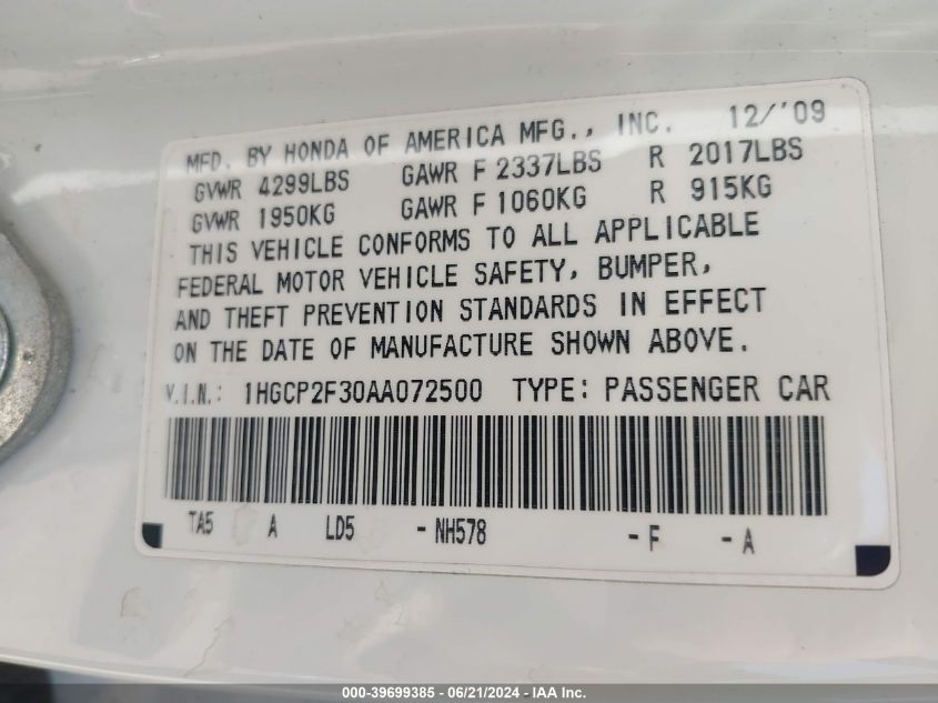 2010 Honda Accord Lx VIN: 1HGCP2F30AA072500 Lot: 39699385