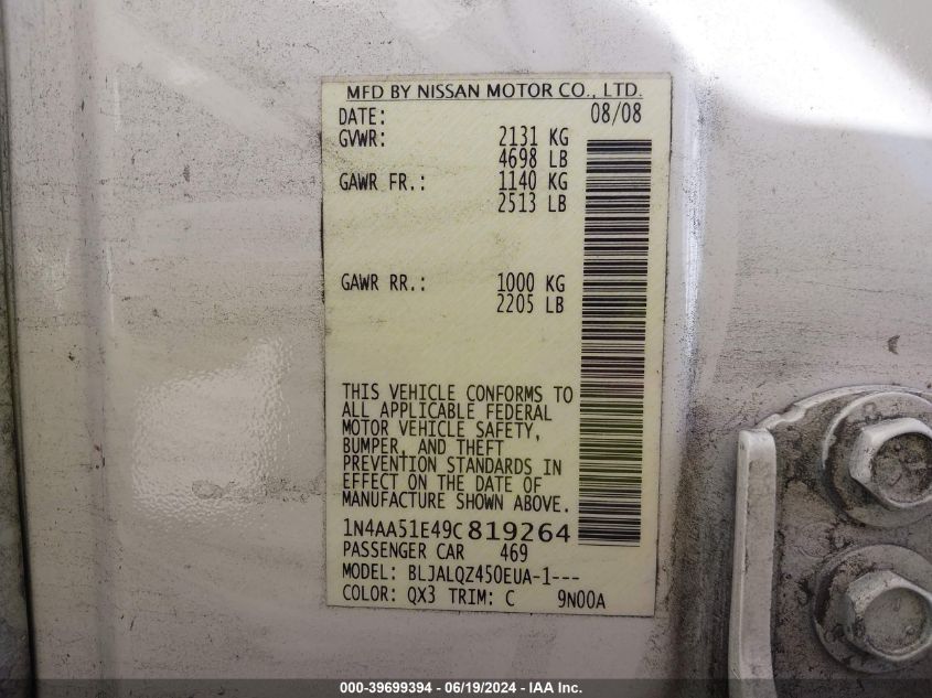 2009 Nissan Maxima 3.5 S VIN: 1N4AA51E49C819264 Lot: 39699394