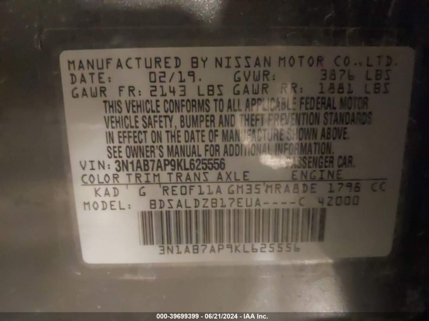 3N1AB7AP9KL625556 2019 Nissan Sentra Sv