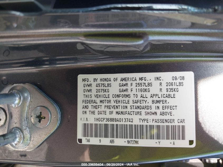 2009 Honda Accord VIN: 1HGC436889A013742 Lot: 39699404