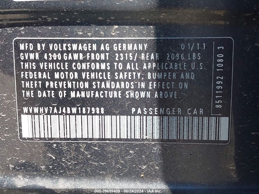 2011 Volkswagen Gti 4-Door VIN: WVWHV7AJ4BW187988 Lot: 39699409