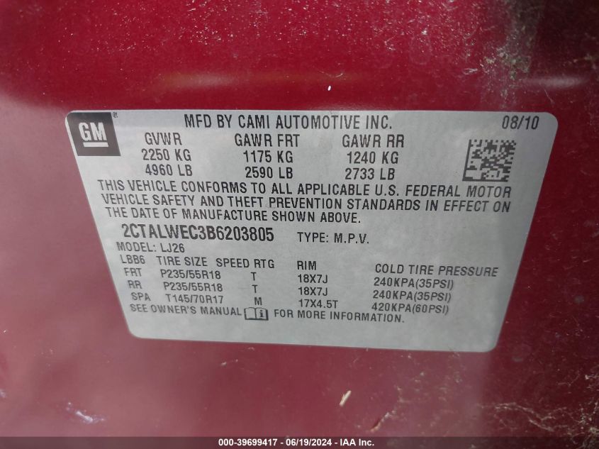 2011 GMC Terrain Slt-2 VIN: 2CTALWEC3B6203805 Lot: 39699417