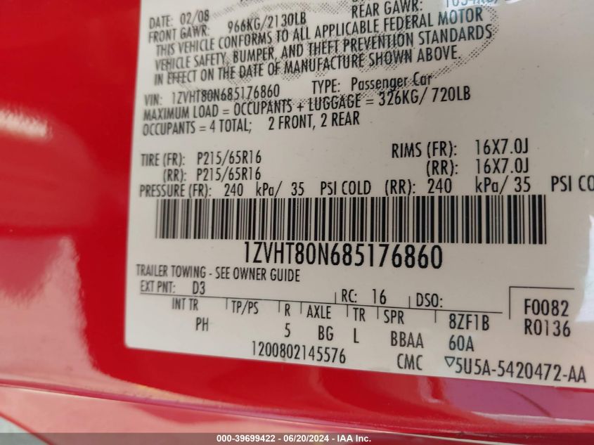 2008 Ford Mustang V6 Deluxe/V6 Premium VIN: 1ZVHT80N685176860 Lot: 39699422