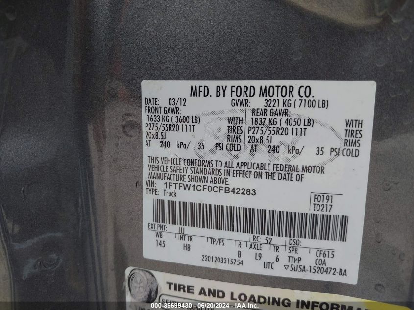 2012 Ford F-150 Lariat VIN: 1FTFW1CF0CFB42283 Lot: 39699430