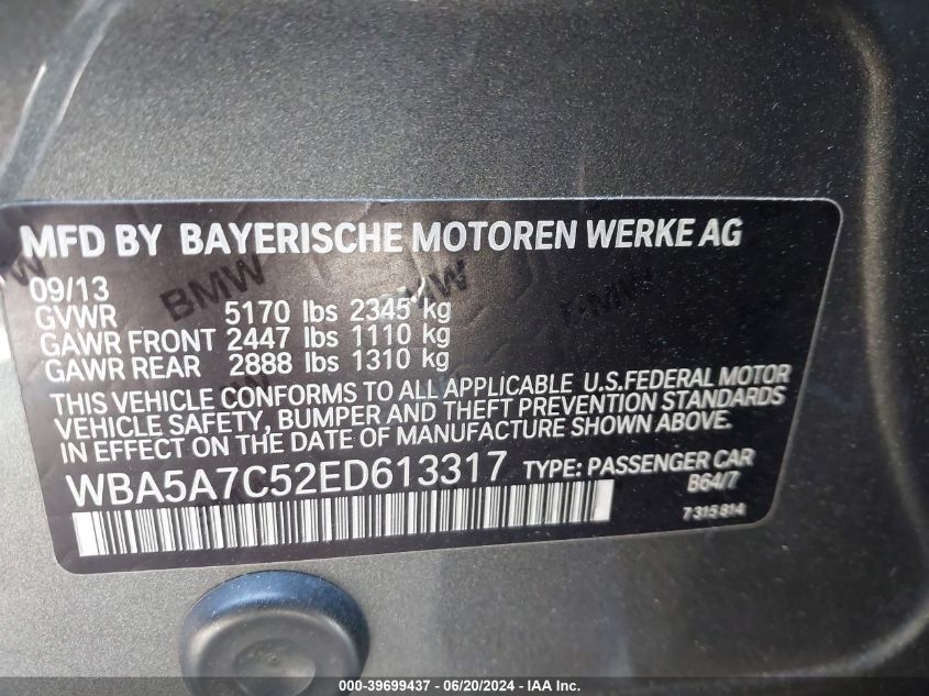 2014 BMW 528I Xi VIN: WBA5A7C52ED613317 Lot: 39699437