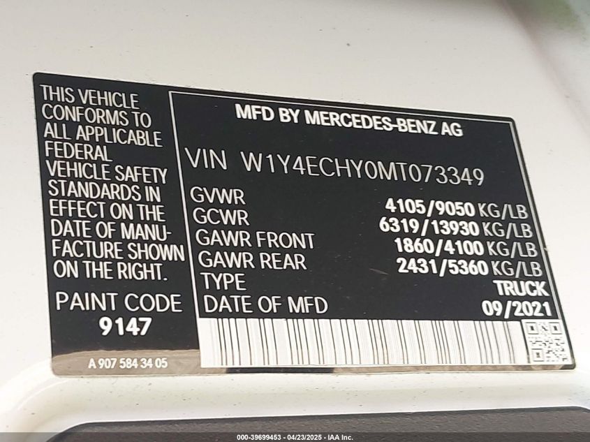 2021 Mercedes-Benz Sprinter 2500 High Roof V6 VIN: W1Y4ECHY0MT073349 Lot: 39699453