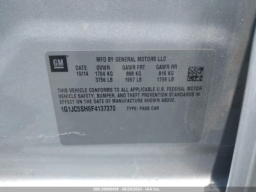 2015 CHEVROLET SONIC LT AUTO - 1G1JC5SH6F4137370