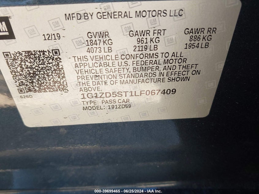 2020 Chevrolet Malibu Fwd Lt VIN: 1G1ZD5ST1LF067409 Lot: 39699465