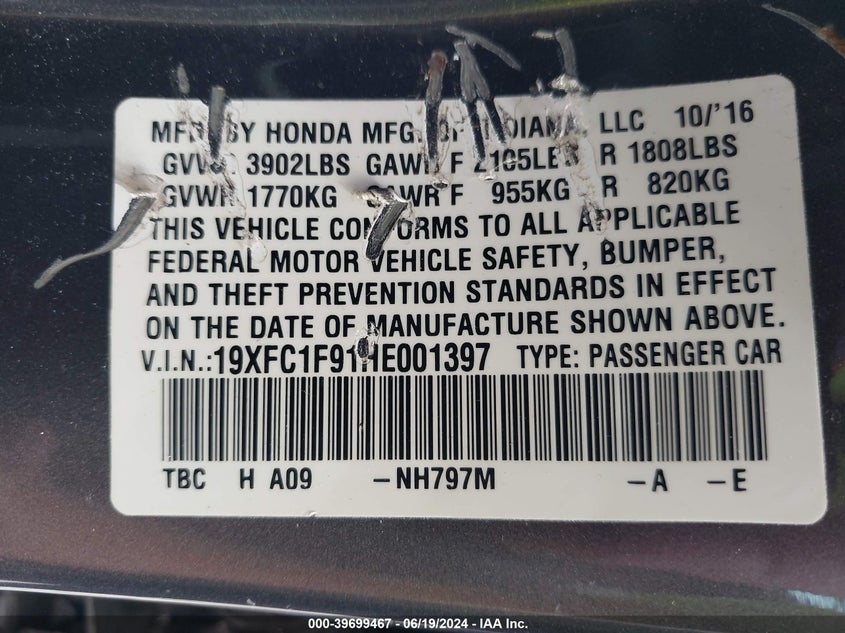 VIN 19XFC1F91HE001397 2017 HONDA CIVIC TOURING