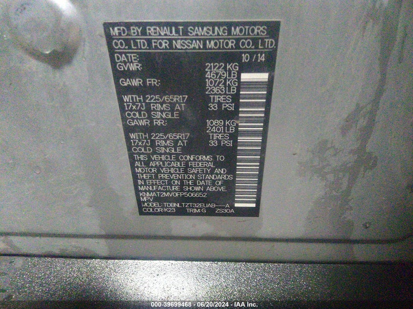 2015 Nissan Rogue Sv VIN: KNMAT2MV0FP506652 Lot: 39699468