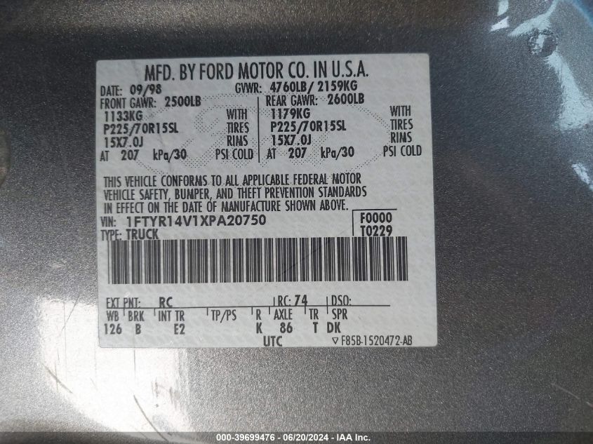 1999 Ford Ranger Xl/Xlt VIN: 1FTYR14V1XPA20750 Lot: 39699476