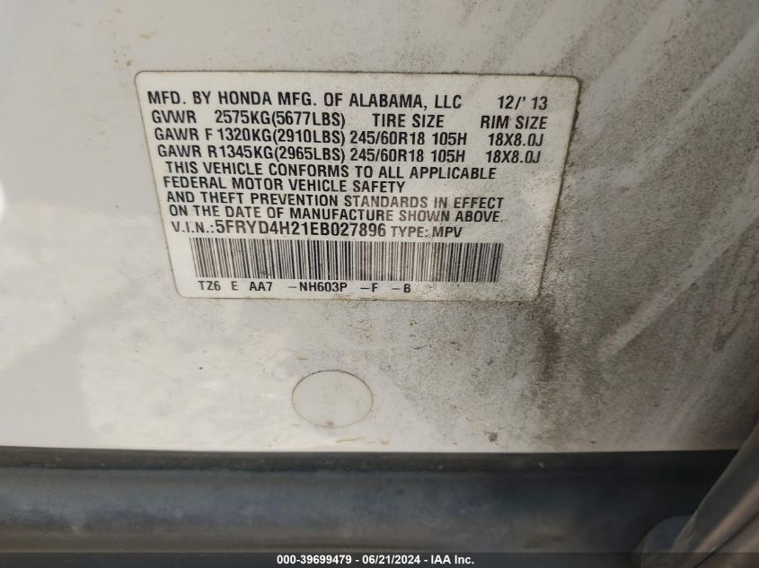 2014 Acura Mdx VIN: 5FRYD4H21EB027896 Lot: 39699479