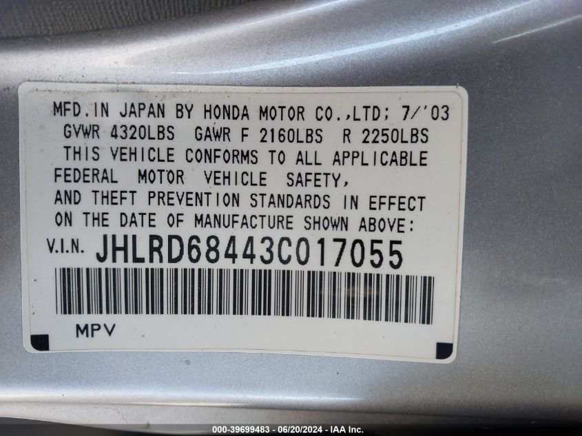 2003 Honda Cr-V Lx VIN: JHLRD68443C017055 Lot: 39699483
