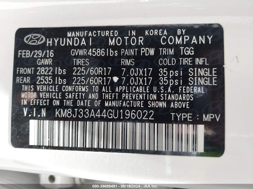 2016 Hyundai Tucson Se VIN: KM8J33A44GU196022 Lot: 39699491