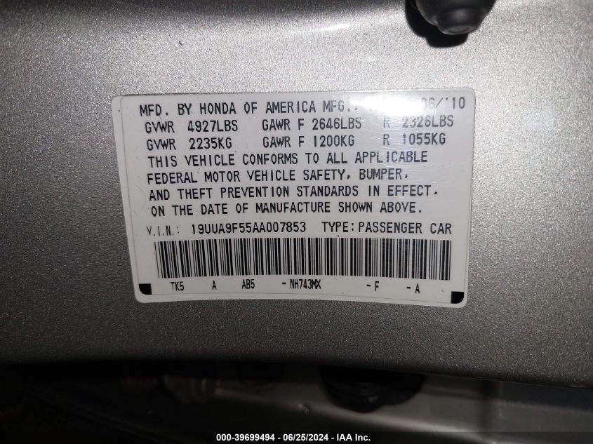 2010 Acura Tl 3.7 VIN: 19UUA9F55AA007853 Lot: 39699494
