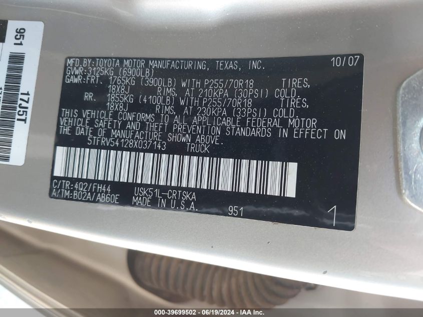 2008 Toyota Tundra Sr5 5.7L V8 VIN: 5TFRV54128X037143 Lot: 39699502