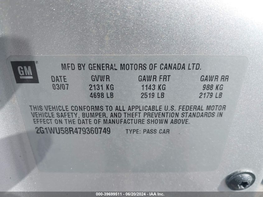 2007 Chevrolet Impala Ltz VIN: 2G1WU58R479360749 Lot: 39699511