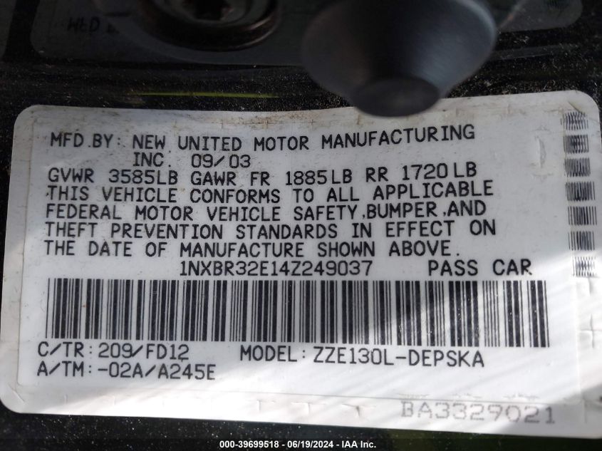 2004 Toyota Corolla S VIN: 1NXBR32E14Z249037 Lot: 39699518