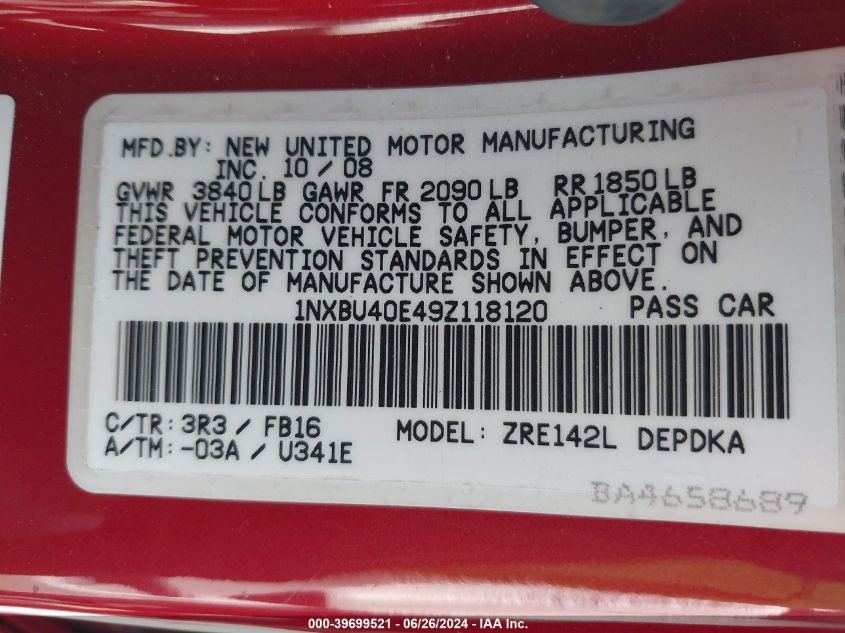 2009 Toyota Corolla Le VIN: 1NXBU40E49Z118120 Lot: 39699521