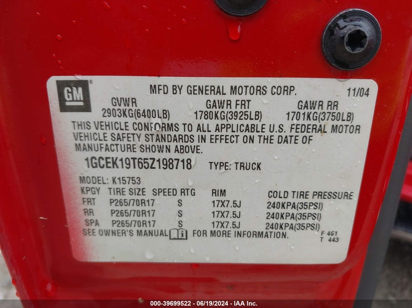 2005 Chevrolet Silverado 1500 Lt VIN: 1GCEK19T65Z198718 Lot: 39699522