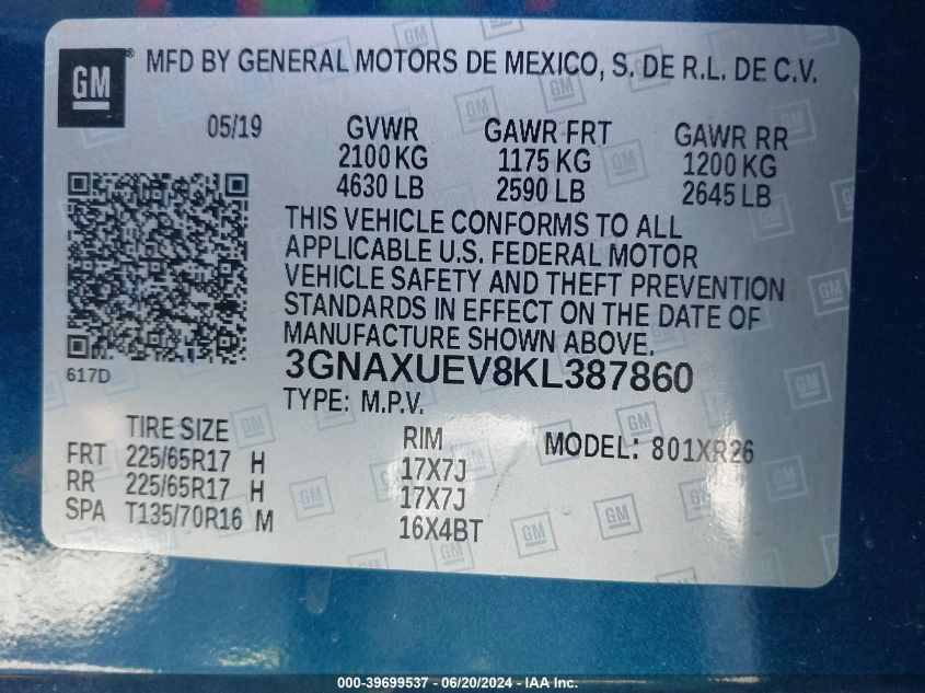 2019 Chevrolet Equinox Lt VIN: 3GNAXUEV8KL387860 Lot: 39699537