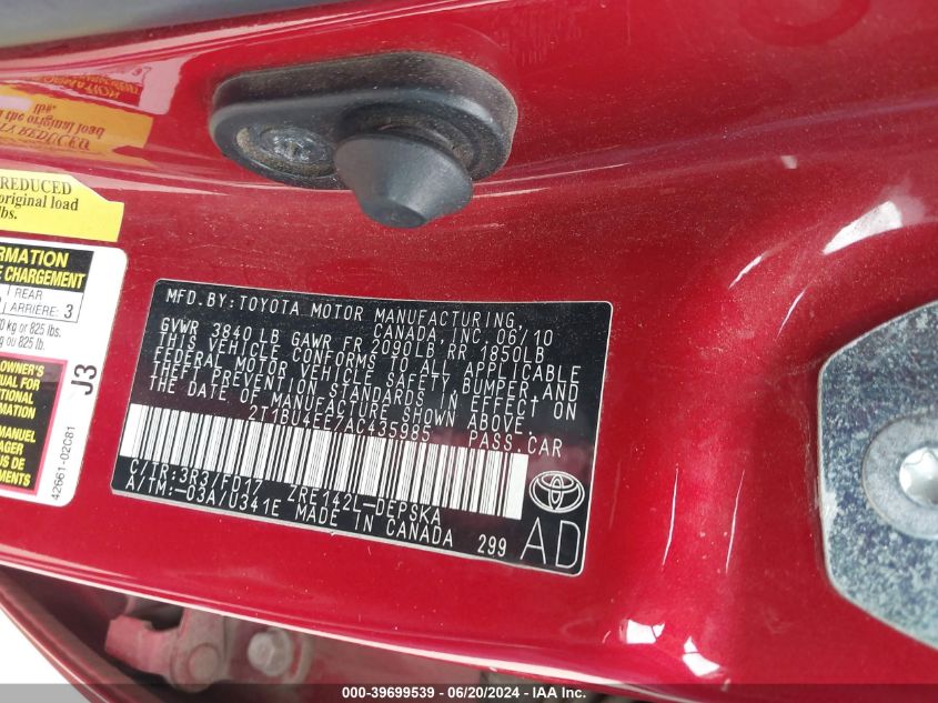 2010 Toyota Corolla S/Le/Xle VIN: 2T1BU4EE7AC435985 Lot: 39699539