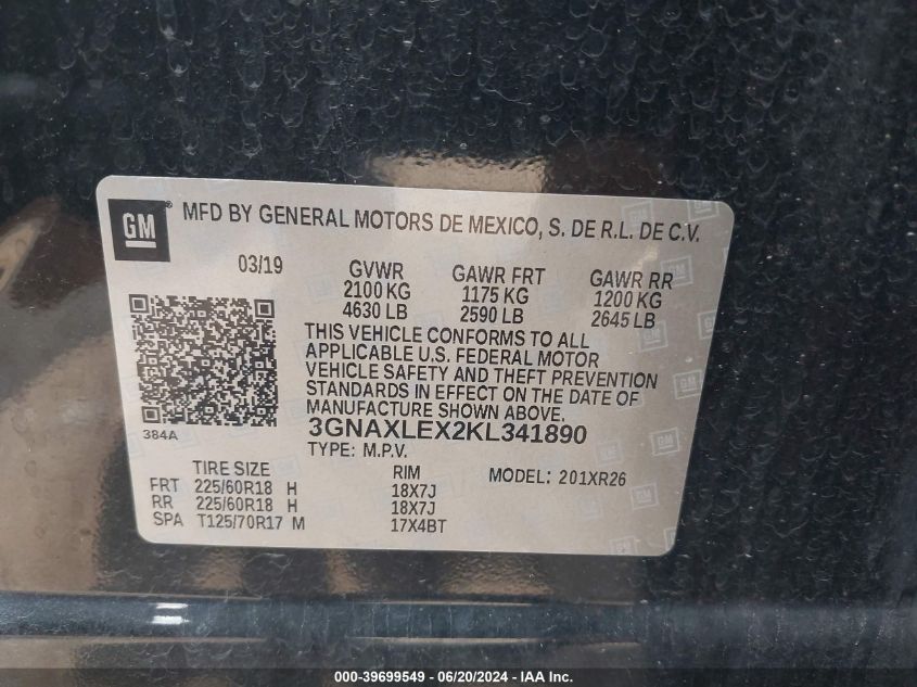 2019 Chevrolet Equinox Lt VIN: 3GNAXLEX2KL341890 Lot: 39699549