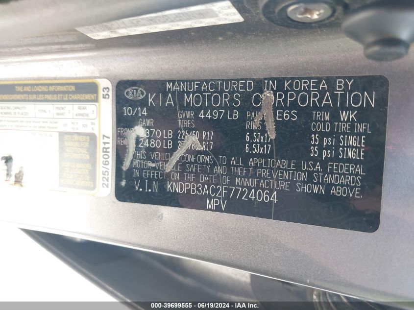 2015 Kia Sportage Lx VIN: KNDPB3AC2F7724064 Lot: 39699555