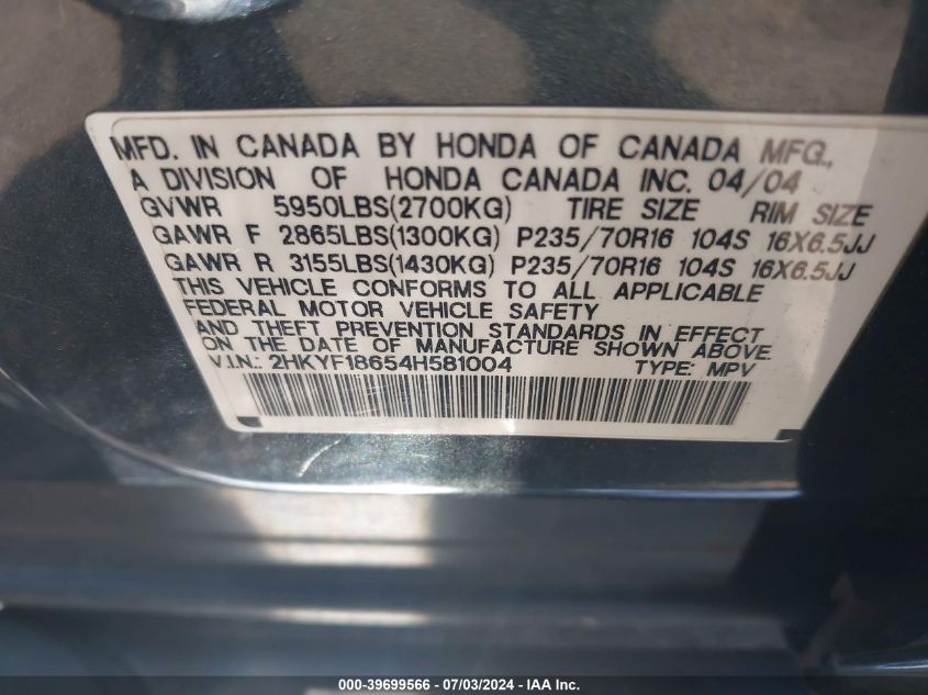 2004 Honda Pilot Ex-L VIN: 2HKYF18654H581004 Lot: 39699566