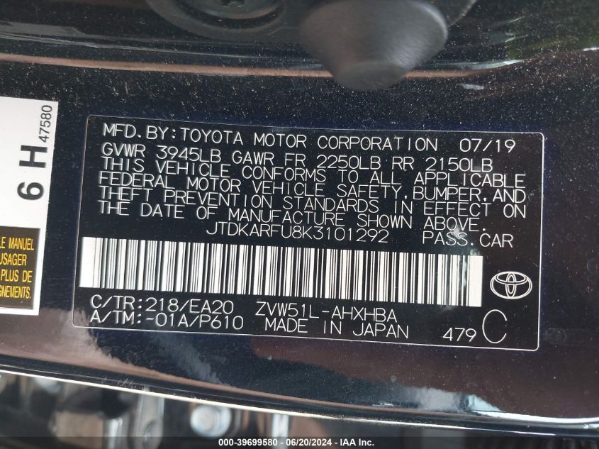 2019 Toyota Prius VIN: JTDKARFU8K3101292 Lot: 39699580