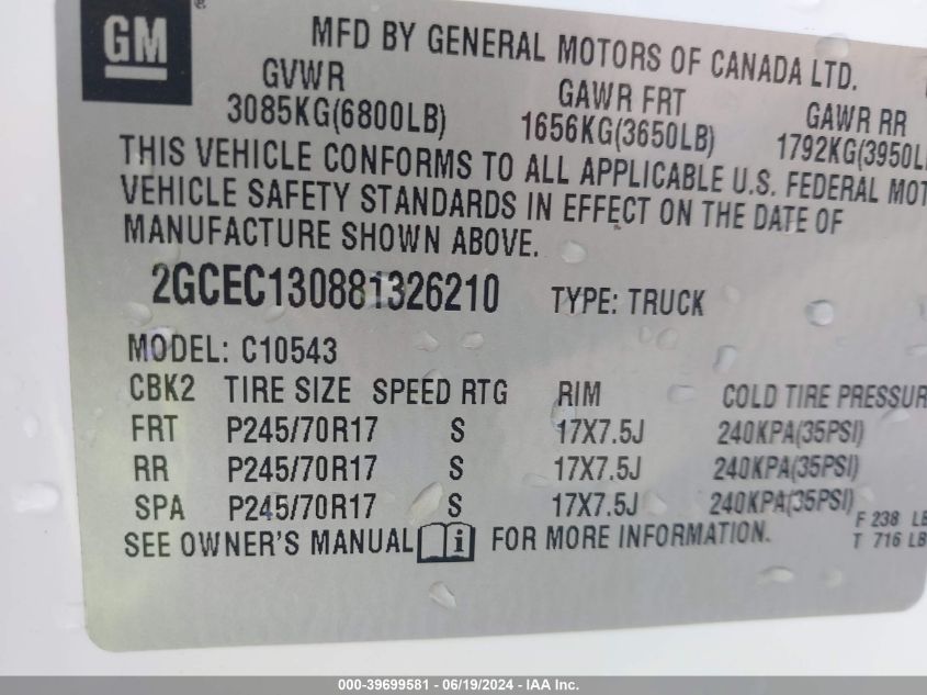 2008 Chevrolet Silverado 1500 Work Truck VIN: 2GCEC130881326210 Lot: 39699581