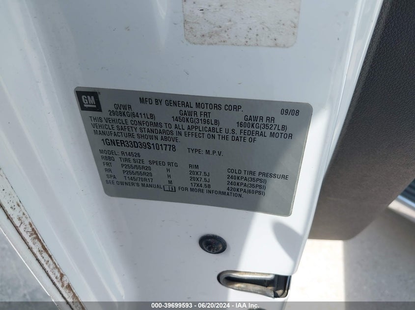 2009 Chevrolet Traverse Ltz VIN: 1GNER33D39S101778 Lot: 39699593