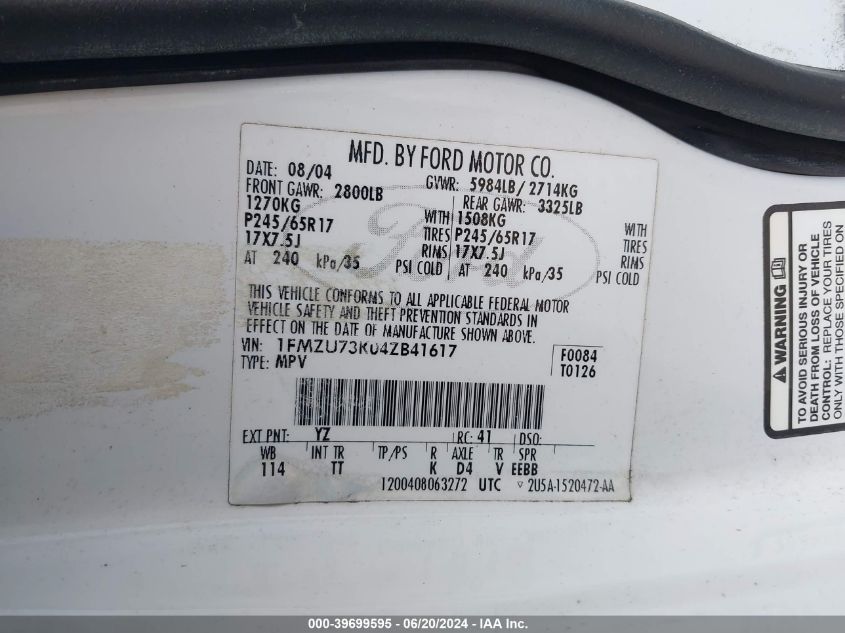 2004 Ford Explorer Nbx/Xlt VIN: 1FMZU73K04ZB41617 Lot: 39699595