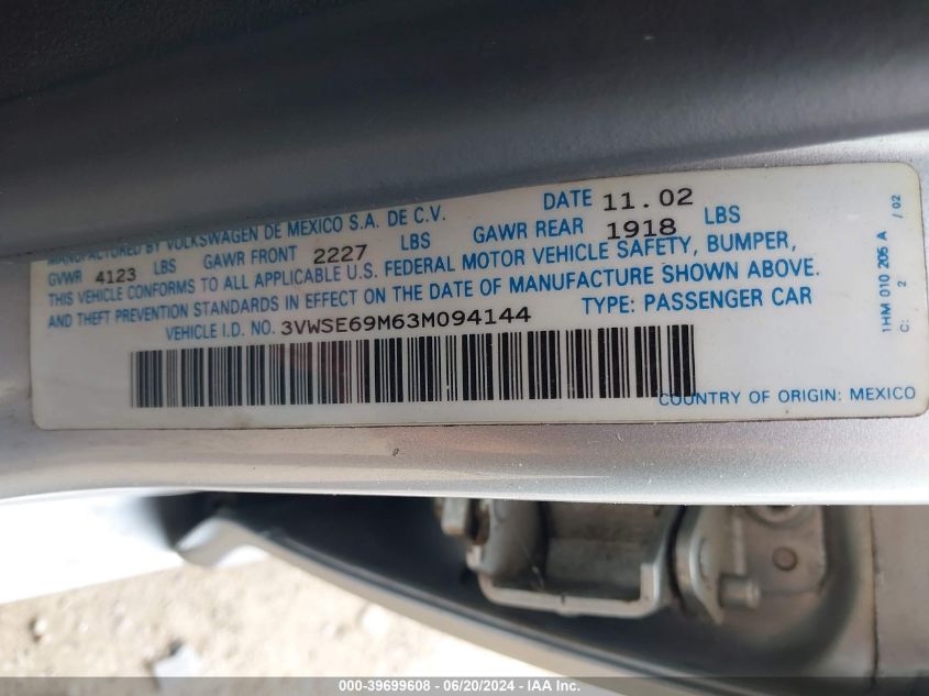 2003 Volkswagen Jetta Gls VIN: 3VWSE69M63M094144 Lot: 39699608