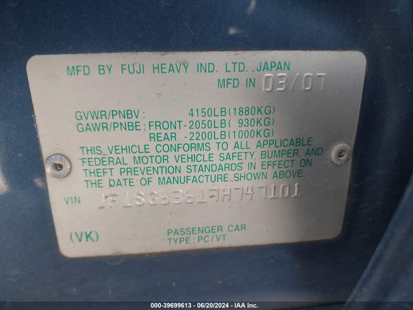 2007 Subaru Forester 2.5X/Sports 2.5X VIN: JF1SG63617H747101 Lot: 39699613