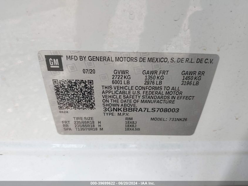 2020 Chevrolet Blazer 1Lt VIN: 3GNKBBRA7LS708003 Lot: 39699622