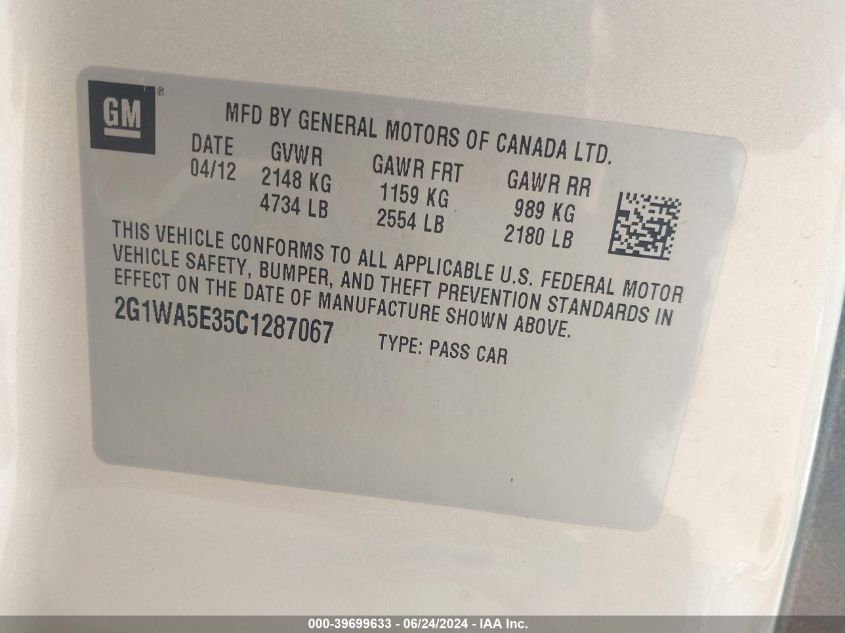 2012 Chevrolet Impala Ls VIN: 2G1WA5E35C1287067 Lot: 39699633