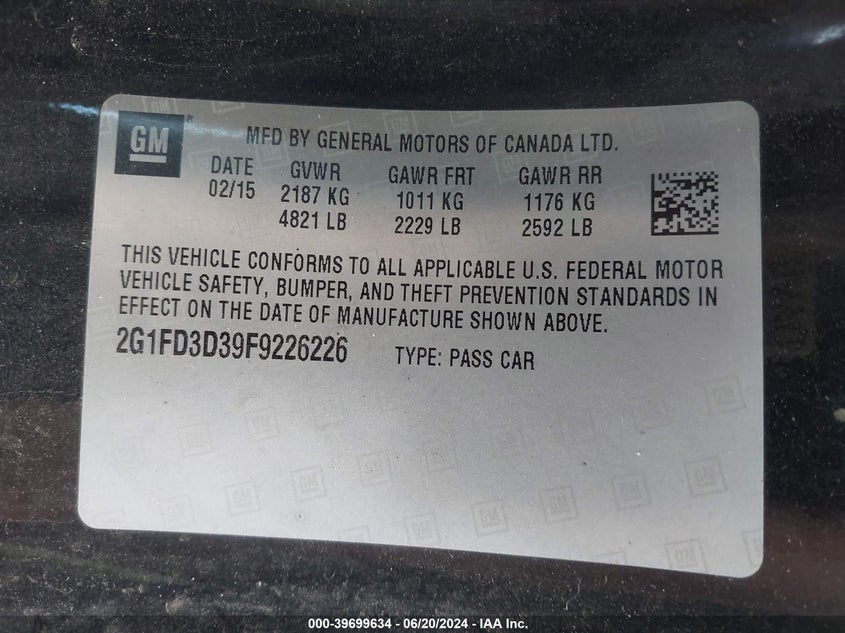 2015 Chevrolet Camaro 1Lt VIN: 2G1FD3D39F9226226 Lot: 39699634