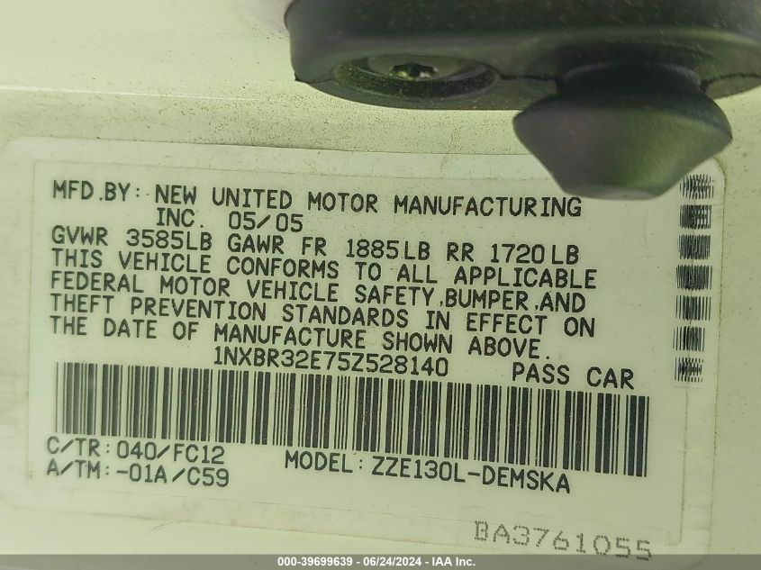 2005 Toyota Corolla S VIN: 1NXBR32E75Z528140 Lot: 39699639