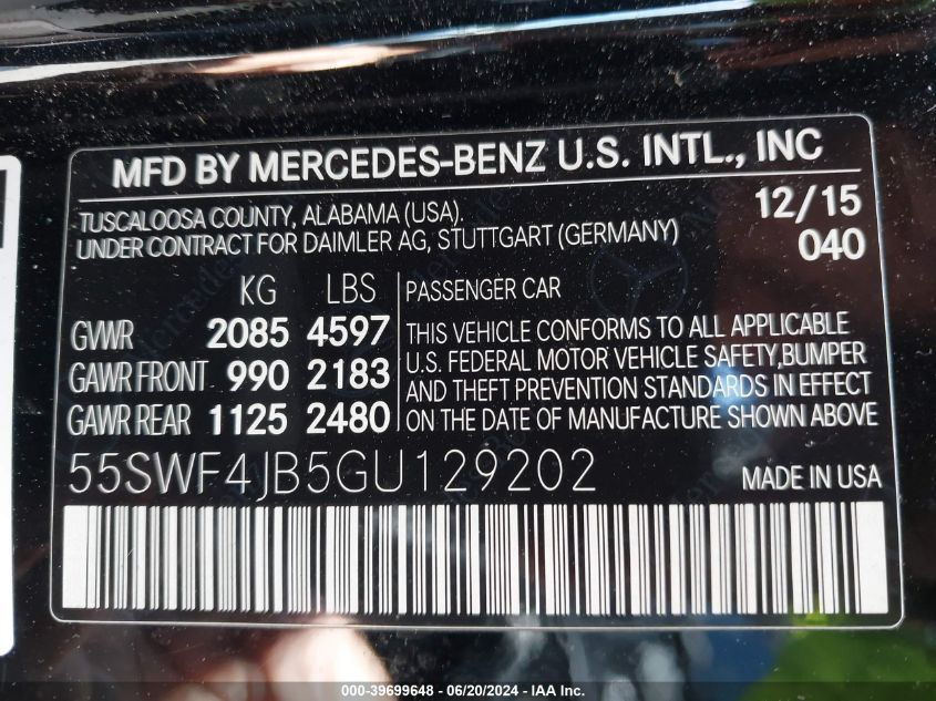 2016 Mercedes-Benz C 300 Luxury/Sport VIN: 55SWF4JB5GU129202 Lot: 39699648