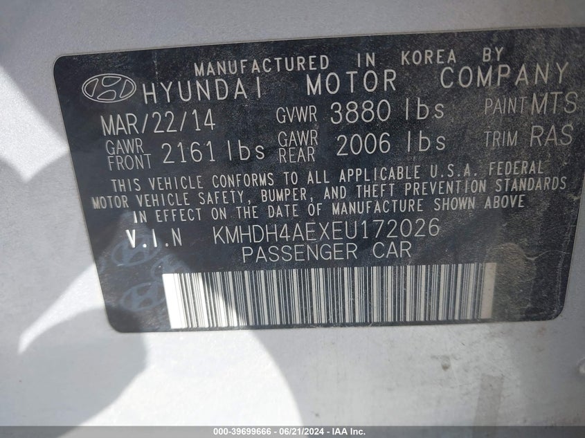 2014 Hyundai Elantra Se/Sport/Limited VIN: KMHDH4AEXEU172026 Lot: 39699666