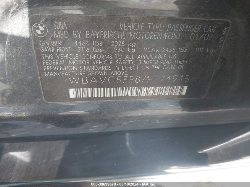 2007 BMW 328 I Sulev VIN: WBAVC53587FZ74945 Lot: 39699678