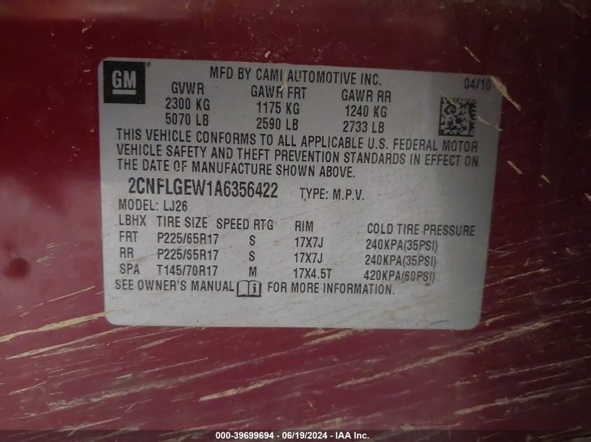 2010 Chevrolet Equinox Ltz VIN: 2CNFLGEW1A6356422 Lot: 39699694