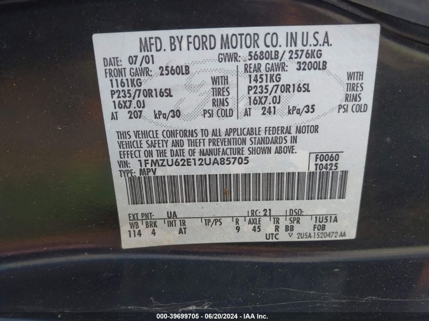 2002 Ford Explorer Xls VIN: 1FMZU62E12UA85705 Lot: 39699705