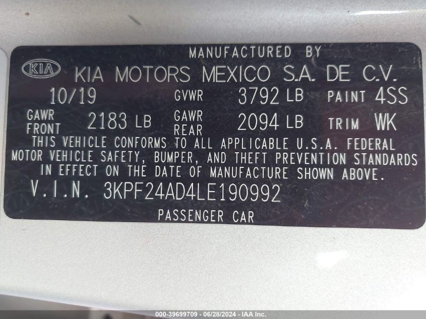 2020 Kia Forte Lxs VIN: 3KPF24AD4LE190992 Lot: 39699709