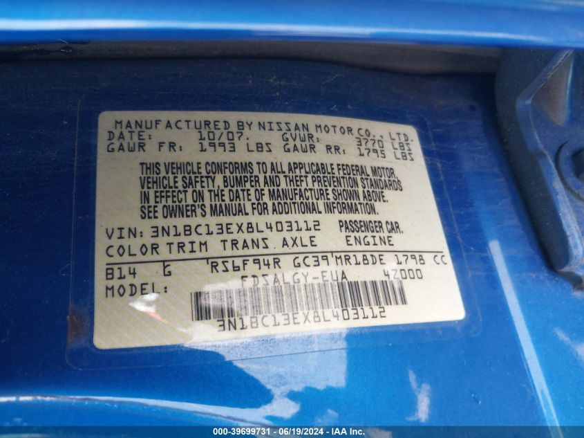 2008 Nissan Versa 1.8Sl VIN: 3N1BC13EX8L403112 Lot: 39699731