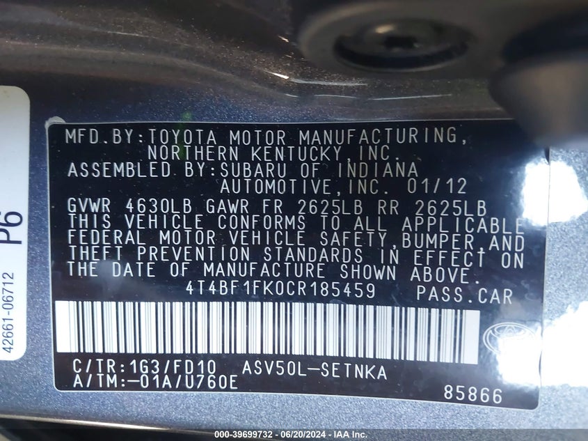 2012 Toyota Camry Le VIN: 4T4BF1FK0CR185459 Lot: 39699732